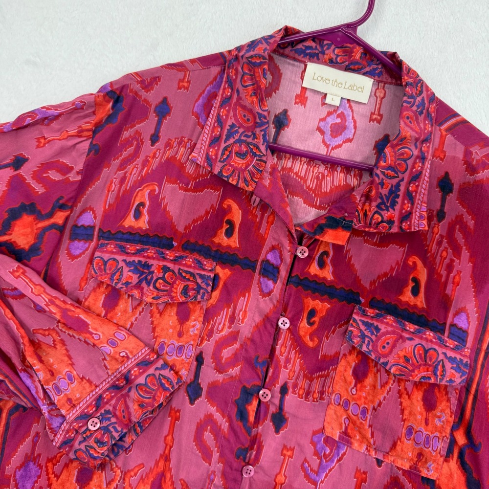 Love the Label Button Down Shirt Top Womens L Long Sleeve Patterned Pockets
